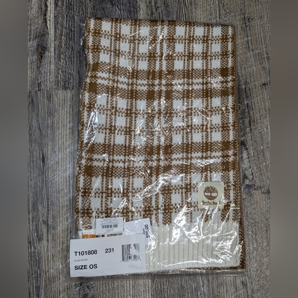 TIMBERLAND Buffalo Plaid Scarf Tan And White Super Soft New With Tags - Picture 6 of 6